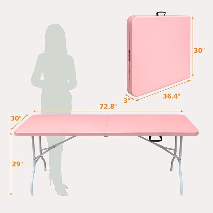 6 FT Folding Table with Carry Handle, Portable Fold-in-Half Plastic Table, Rectangle Foldable Table for Indoor/Outdoor Beautiful Pink