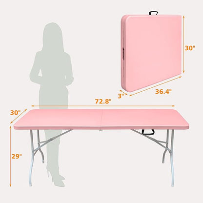 6 FT Folding Table with Carry Handle, Portable Fold-in-Half Plastic Table, Rectangle Foldable Table for Indoor/Outdoor Beautiful Pink