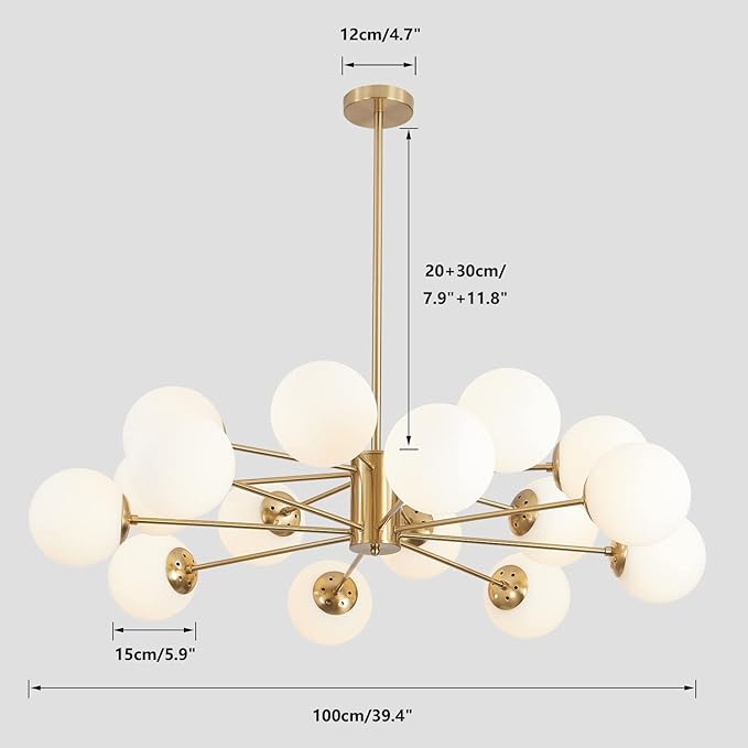 KCO Lighting Brushed Brass Chandelier Mid Century Modern Sputnik Chandelier Light Fixture Globe Flush Mount Ceiling Light Milk Glass Chandelier Gold Kitchen Island Lighting Fixture