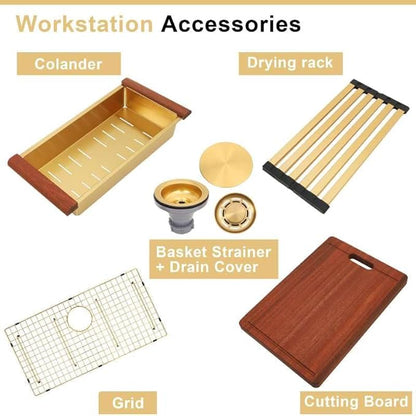 36 Inch Farmhouse Gold Sink, 16 Gauge 304 Stainless Steel Farm Sinks, Drop In Topmount Single Bowl Workstation Sink with all Accessories, 36" x 22" x 10" Large and Deep Kitchen Sink