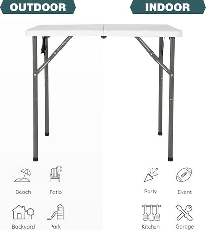 FDW 34" Square Outdoor Dining Table, Foldable Portable Plastic Folding Card Table with Built in Carrying Handle and Height Adjustable for Party and Wedding Use, White