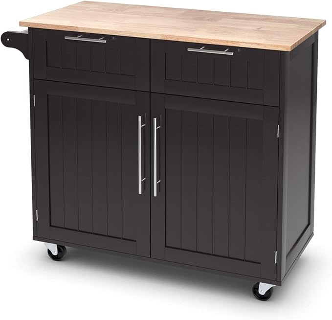 Giantex Kitchen Island Cart, Rolling Island Table with Rubber Wood Tabletop, 2 Drawers, Storage Cabinet & Towel Rack, Bar Kitchen Cart On Wheels for Dining Room (Brown)