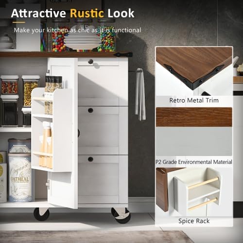 Kitchen Island Cart with Internal Storage Rack, 54.5'' Rolling Kitchen Island Table with Power Outlet, Drop Leaf, Spice/Towel Rack and Drawer, Mobile Kitchen Islands with Storage on Wheels (White)