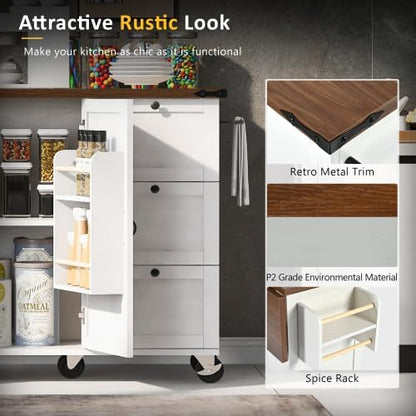 Kitchen Island Cart with Internal Storage Rack, 54.5'' Rolling Kitchen Island Table with Power Outlet, Drop Leaf, Spice/Towel Rack and Drawer, Mobile Kitchen Islands with Storage on Wheels (White)