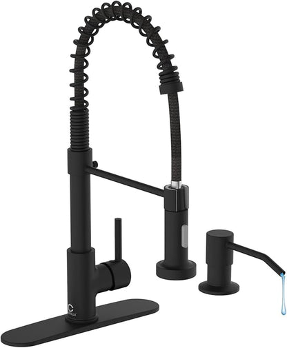 Kitchen Faucet Set, Black Kitchen Sink Faucets with Pull Down Sprayer and Soap Dispenser, Single Handle Stainless Steel Faucets for Kitchen Sinks, Farmhouse RV Faucet with Deck Plate