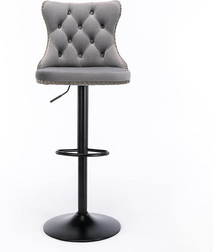 Swivel Velvet Bar stools Adjusatble Seat Height from 25 33 Inch,17.7 inch Base, Upholstered Bar Stools with Backs Comfortable Tufted for Home Pub and Kitchen Island,Gray,Set of 2,AS1812GY
