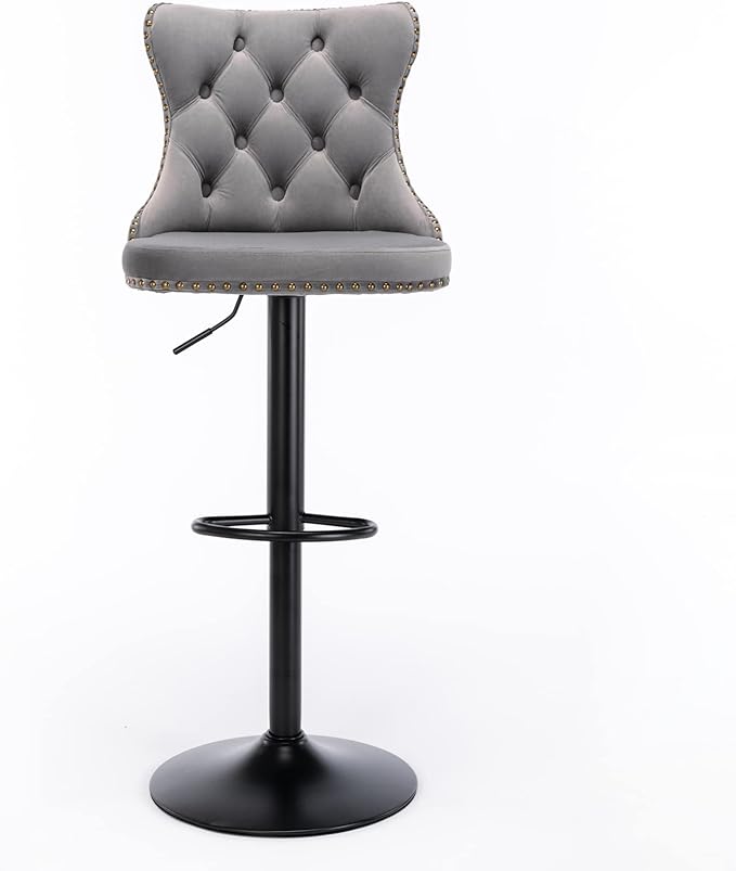 KEIKI Swivel Velvet Barstools，Upholstered Chairs Set of 2, Adjusatble Seat Height from 25-33 Inch for Home Pub, Kitchen Island, Gray