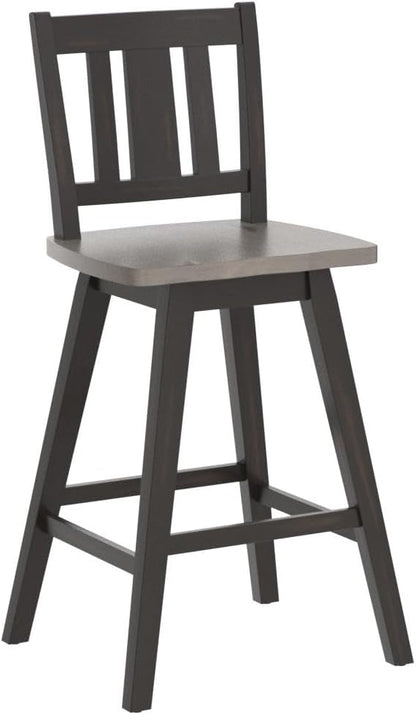 Lexicon Counter Height Stools Set of 2-Solid Wood Frame 360° Swivel Wooden Stools, Foot Rest, Slat Back, Wide Seat, Distressed Farmhouse Easy to Clean Finish, 24" SH, Antique Black/Grey