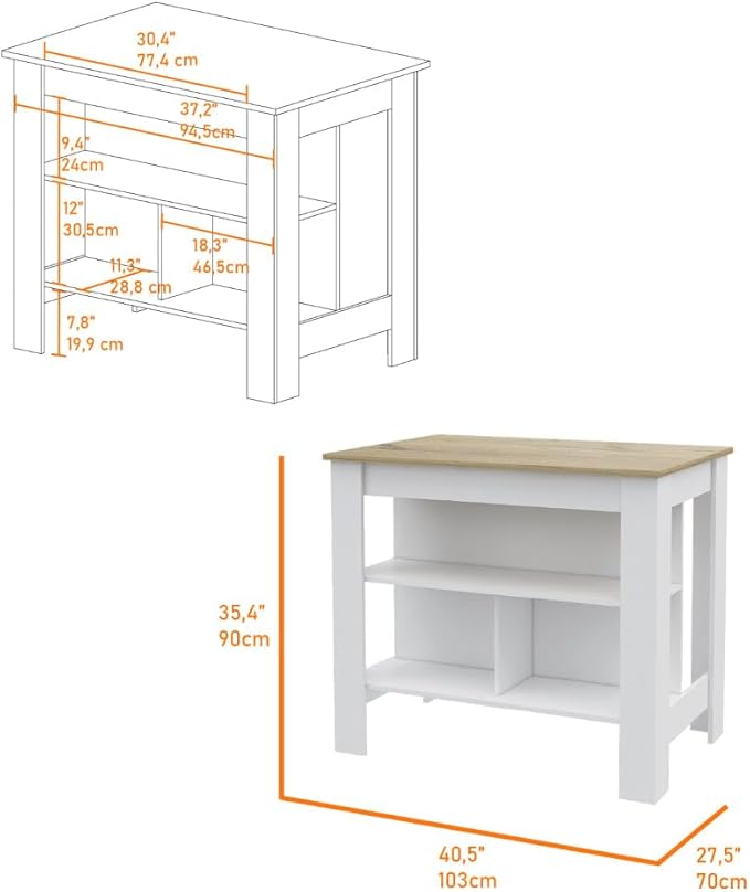 7 Shelf 4 Door 2 Kitchen Set, Kitchen Island and Cabinet White and Light Oak GE260