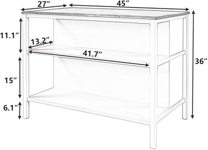 JIJIWANG Solid Wood Rustic 45" Stationary Kitchen Island, Rubber Wood Butcher Block Dining Table Prep Table with 2 Open Shelves for Small Places,Walnut+Cream White