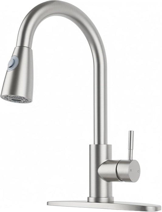 Friho Kitchen Faucet with Pull Down Sprayer Brushed Nickel, High Arc Single Handle Stainless Steel Kitchen Sink Faucets, 1 or 3 Hole Sink Faucet for Farmhouse Rv Bar Laundry Camper, FR2CBQYT001L-D