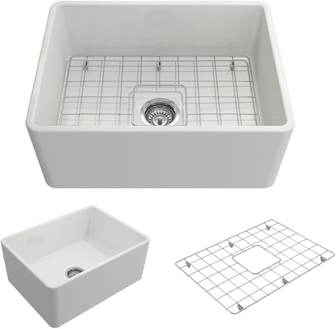 BOCCHI Classico Farmhouse Apron Front Fireclay 24 in. Single Bowl Kitchen Sink with Protective Bottom Grid and Strainer in White
