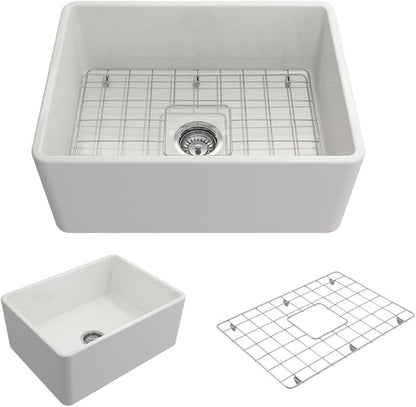 BOCCHI Classico Farmhouse Apron Front Fireclay 24 in. Single Bowl Kitchen Sink with Protective Bottom Grid and Strainer in White