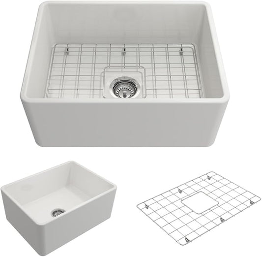 BOCCHI Classico Farmhouse Apron Front Fireclay 24 in. Single Bowl Kitchen Sink with Protective Bottom Grid and Strainer in White