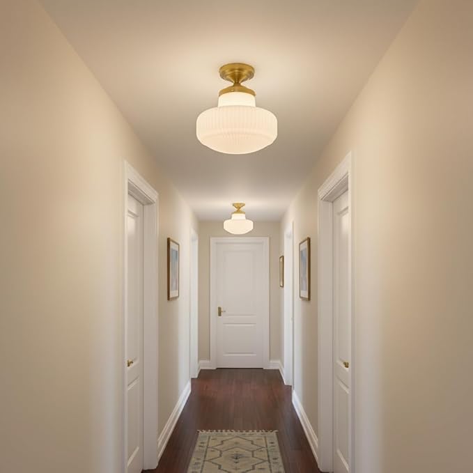 Milk White Glass Flush Mount Ceiling Light Fixture, Mid Century Modern Farmhouse Close to Ceiling Lamp for Bedroom Kitchen Hallway Laundry, Gold Ceiling Lighting