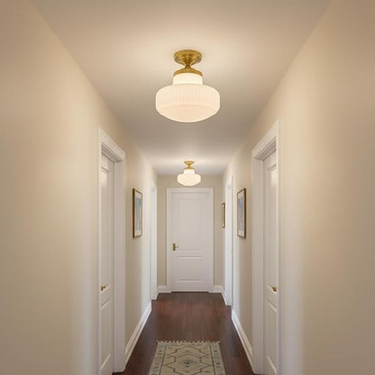 Milk White Glass Flush Mount Ceiling Light Fixture, Mid Century Modern Farmhouse Close to Ceiling Lamp for Bedroom Kitchen Hallway Laundry, Gold Ceiling Lighting