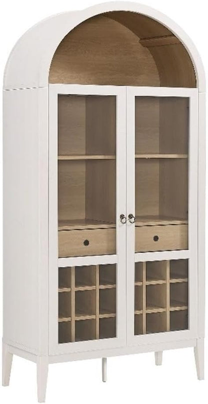 Modway Nolan Modern Farmhouse Arched Bar Cabinet in Ivory Wood Grain - 72 Inch Tall Wine Storage Cabinet with Glass Doors and Wine Rack - Large Liquor Cabinet for Dining or Living Room