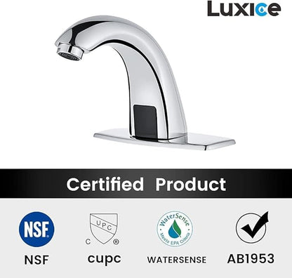 Touchless Bathroom Sink Faucet - Automatic Motion Sensor Battery Opertated with Temperature Mixing Valve for Commercial Lavatory Bathroom, Chrome