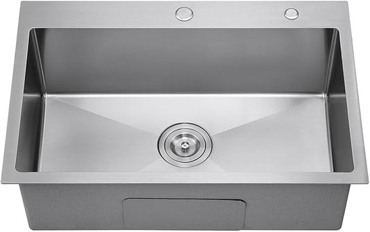 25x18 inch Drop-in Kitchen Sink Single Bowl with 2 Holes, 18 Gauge Stainless Steel Handmade Residential Topmount Kitchen Sink 9 inch Deep Basin Bowl (Brushed Nickel)