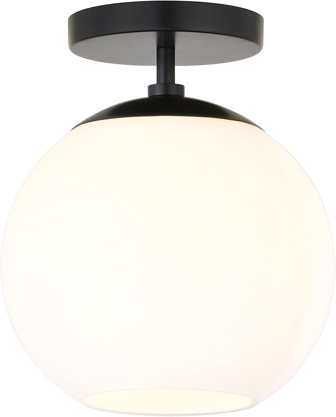 Henn&Hart 9" Semi-Flush Mount Ceiling Light Fixture with White Milk Glass Globe Shade for Entryway, Bedroom, Bathroom, Kitchen or Closet, Flat Black