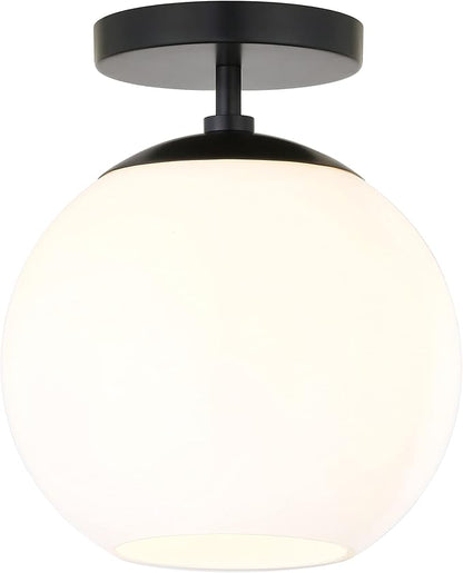 Henn&Hart 9" Semi-Flush Mount Ceiling Light Fixture with White Milk Glass Globe Shade for Entryway, Bedroom, Bathroom, Kitchen or Closet, Flat Black