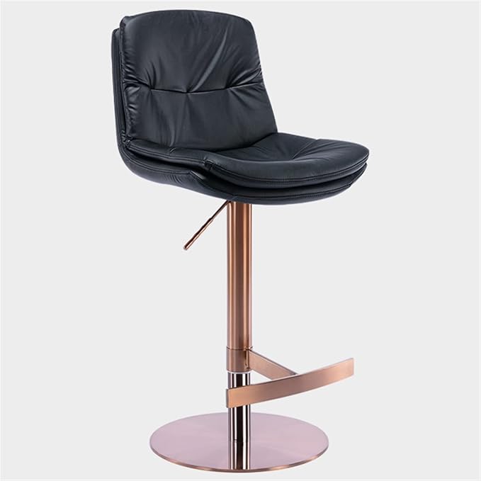 Adjustable with Back, Counter Height Kitchen Island Chair, Titanium Brushed Stainless Steel Leather Heavy Base for Coffee,Black-Rose Gold
