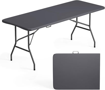 FDW 6 Foot Folding Table, Portable Plastic Table with Carrying Handle Perfect for Indoor, Outdoor, Party, Dining, Wedding, Events, Camping, Grey