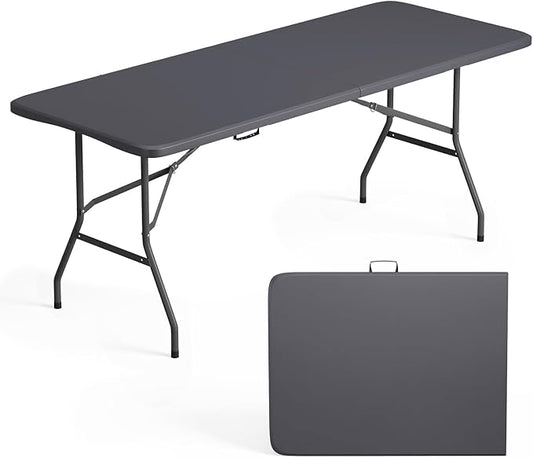 FDW 6 Foot Folding Table, Portable Plastic Table with Carrying Handle Perfect for Indoor, Outdoor, Party, Dining, Wedding, Events, Camping, Grey