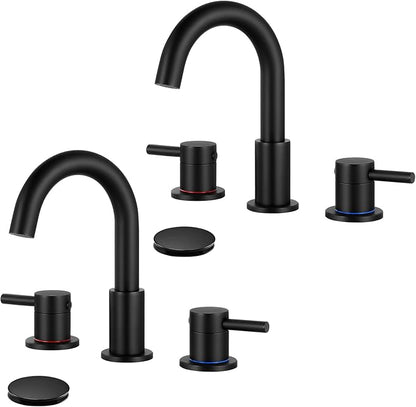 FGKQ Black Bathroom Sink Faucet 3 Hole 2 Packs, Bathroom Faucets for Sink 3 Hole with Metal Pop Up Drain, Widespread Vanity Faucet with Supply Lines