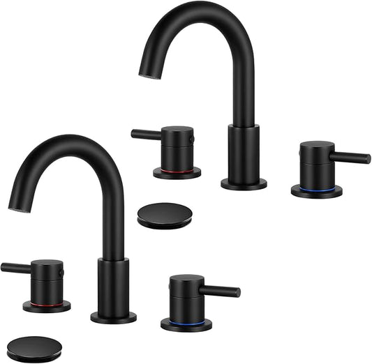 FGKQ Black Bathroom Sink Faucet 3 Hole 2 Packs, Bathroom Faucets for Sink 3 Hole with Metal Pop Up Drain, Widespread Vanity Faucet with Supply Lines