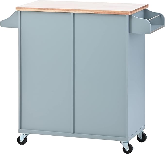 Fashion Store Kitchen Island Cart with Rubber Wood Top and 2 Drawers,4 Wheels and 3 Open Shelves,for Kitchen,Dining Room,Bathroom,Living Room (Grey Blue@E)