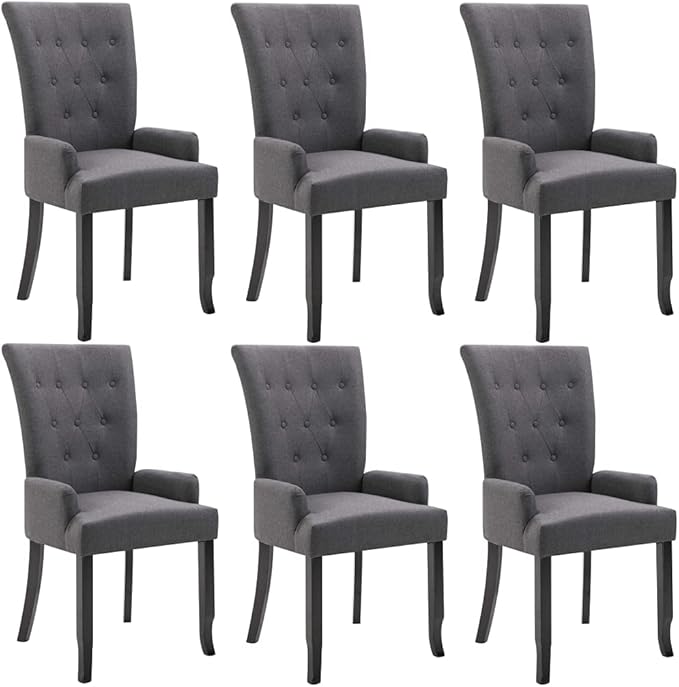 6-Piece Dark Gray Fabric Dining Chairs with Armrests, Solid Oak Wood Frame Modern Farmhouse Kitchen and Dining Room Chairs Set, Comfortable Upholstered Seating for Home Restaurant