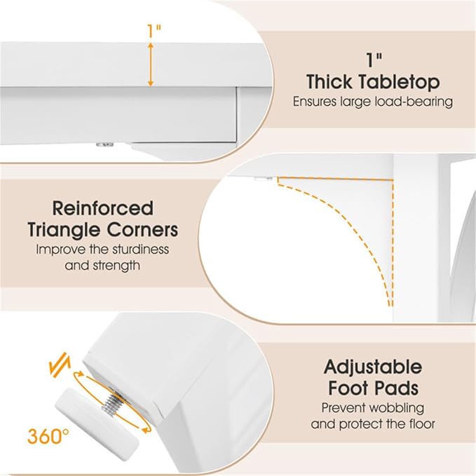 White 63" Rectangular Dining Table with Adjustable Foot Pads for Stability & Small Spaces, Narrow Kitchen Table, Space Saving Dining Tables, Kitchen Island Tables Stable Dining Table