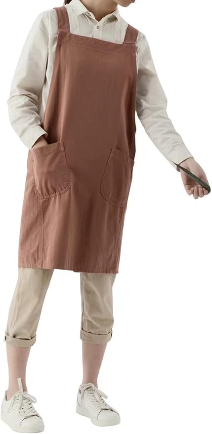 Japanese Cotton Linen Cross Back Apron with Pockets,Fashion Pinafore Dress for Gardening Painting Cleaning Cooking