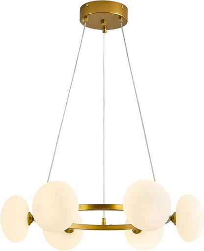 Modern Gold Chandelier, Mid Century Wagon Wheel Chandelier, 6-Light Globe Dining Room Light Fixture with Milk Glass Shades