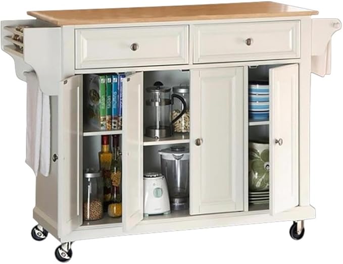 Crosley Furniture Full Size Wood Top Rolling Kitchen Island Storage Cart, Microwave Stand, Spice Rack, White