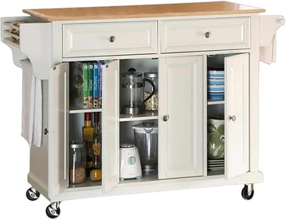 Crosley Furniture Full Size Wood Top Rolling Kitchen Island Storage Cart, Microwave Stand, Spice Rack, White