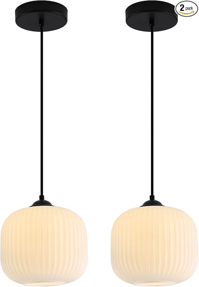 KCO Lighting Milk Glass Globe Pendant Light Kitchen Island Mid Century Black Pendant Light Modern Farmhouse Hanging Pendant Lighting Large Industrial Round Hanging Light (2 Pack)