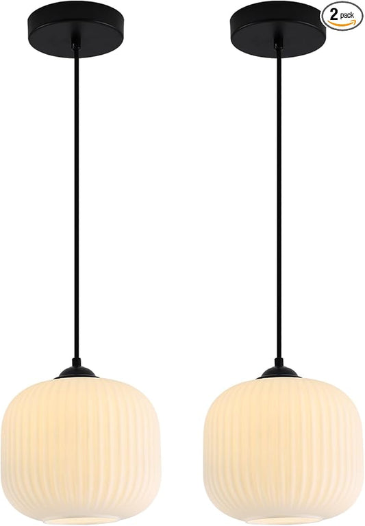 KCO Lighting Milk Glass Globe Pendant Light Kitchen Island Mid Century Black Pendant Light Modern Farmhouse Hanging Pendant Lighting Large Industrial Round Hanging Light (2 Pack)
