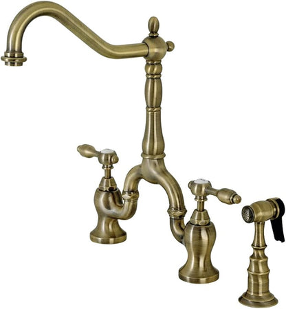 Kingston Brass KS7753TALBS Tudor Bridge Kitchen Faucet with Brass Sprayer, Antique Brass