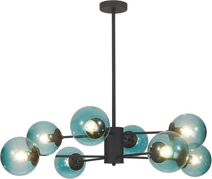 BOKT Mid Century Modern 8 Lights Globe Sputnik Chandelier Matte Black Blue Glass Ball Chandelier Large Globe Flush Mount Ceiling Light Kitchen Island Dining Room Pendant Light Fixture
