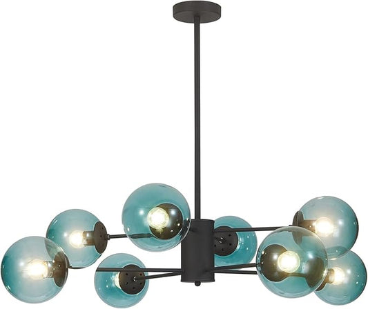 BOKT Mid Century Modern 8 Lights Globe Sputnik Chandelier Matte Black Blue Glass Ball Chandelier Large Globe Flush Mount Ceiling Light Kitchen Island Dining Room Pendant Light Fixture