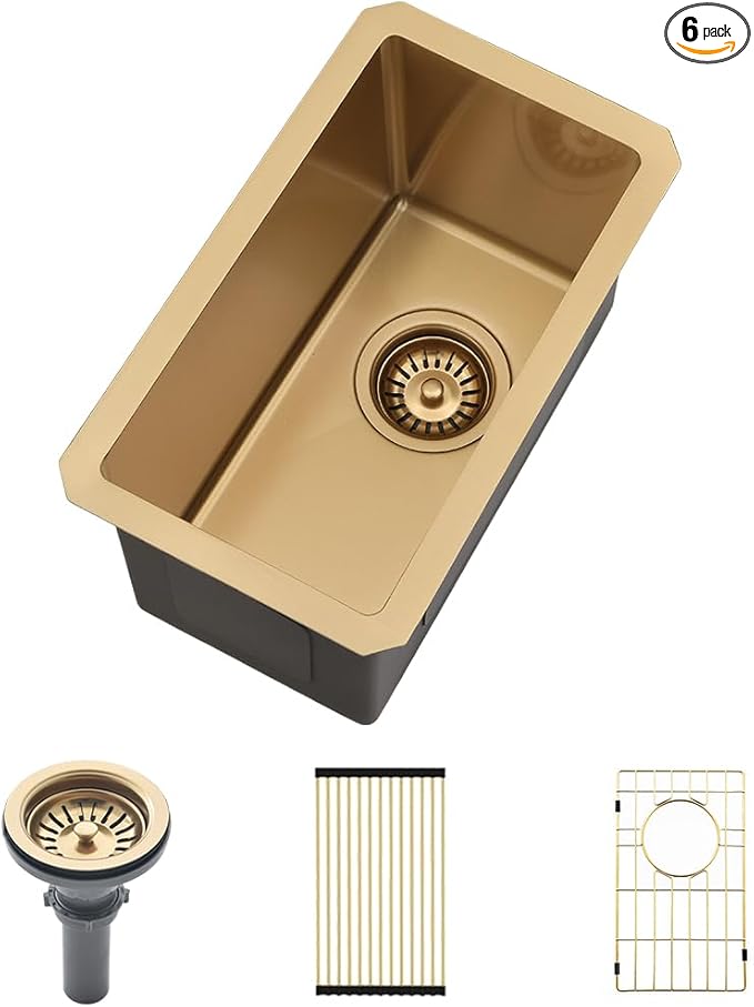 Gold Bar Sink Undermount-VASOYO 10x18 Small Kitchen Sink Undermount Outdoor Rv Sinks 16 Gauge Gold Stainless Steel Single Bowl Deep Wet Bar Sinks with Accessories