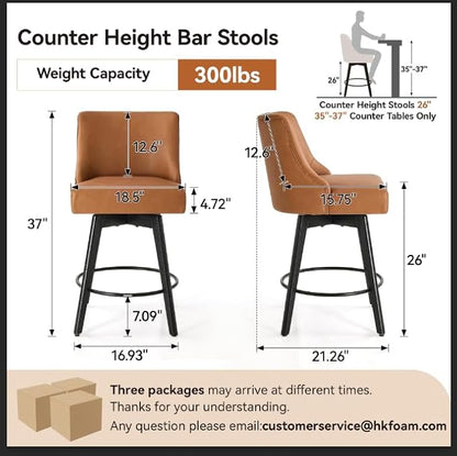 Counter Height Bar Stools Set of 6, Swivel Barstools with Backs and Wood Legs, Faux Leather Upholstered Counter Stools for Kitchend Island, Mid-Century Modern 26" Seat Height Bar Chairs, Brown