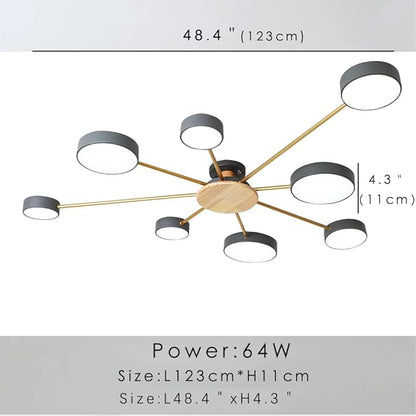 8-Lights LED Ceiling Light Fixture,48 Inch Modern Ceiling Lights Flush Mount Wooden 64W Dimmable Chandelier for Living Room Bedroom Kitchen,3000K/4000K/6000K Temperatures Selectable Grey
