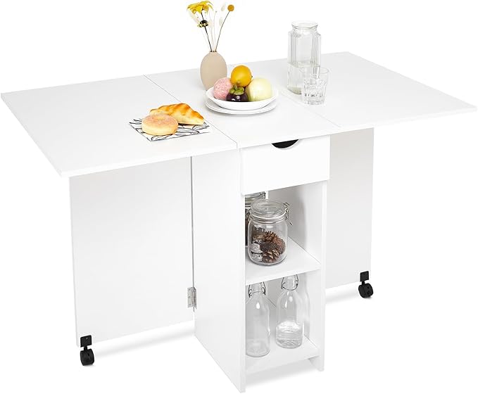Folding Dining Table, Drop Leaf Table for Small Space with Drawer and Open Storage Shelves, Modern Rectangular Kitchen Dining Table, 47.2" L x 28.3" W(White)