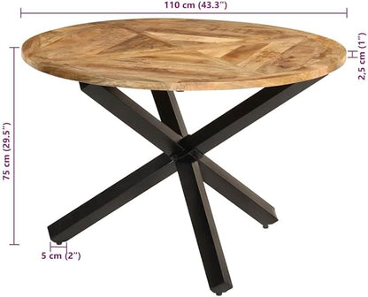 Rustic Solid Mango Wood Round Dining Table, Black Metal Legs, 43.3 Inch Diameter Seats 4, Kitchen Dining Room Dinner Table, Mesas de Comedor