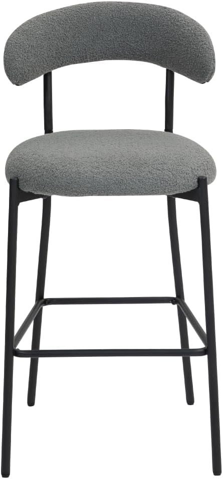 26" Counter Height Bar Stools - Teddy Fabric Upholstered Kitchen Island Stools with Black Powder-Coated Metal Base & Integrated Footrest, Modern Farmhouse Style(Grey)