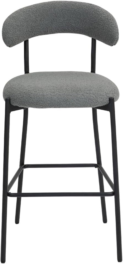 26" Counter Height Bar Stools - Teddy Fabric Upholstered Kitchen Island Stools with Black Powder-Coated Metal Base & Integrated Footrest, Modern Farmhouse Style(Grey)
