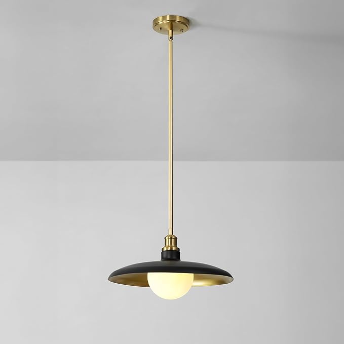 Globe Electric 1-Light Pendant Light, Matte Black Shade with Matte Brass Trims & Interior, Removeable Etched Glass Shade, Soft Industrial Lighting for Dining Room or Living Room